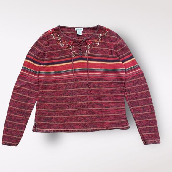 St. John’s Bay Front Tie Floral Embroidered Shirt Womens Large Boho Fall - Picture 1 of 8